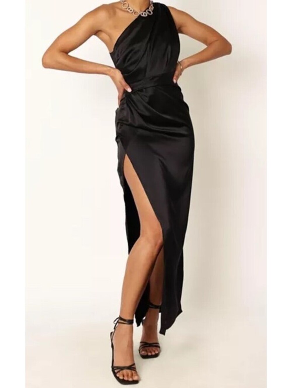 NEW Petal & Pup Nadia One-Shoulder Satin Maxi Black Dress Size 2
